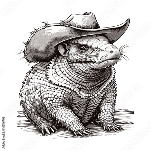 Cute armadillo in cowboy hat, vintage engraving, black sketch, old illustration, trendy, detailed line art, retro style, western animals, vintage artwork, nature drawing, unique vector art.