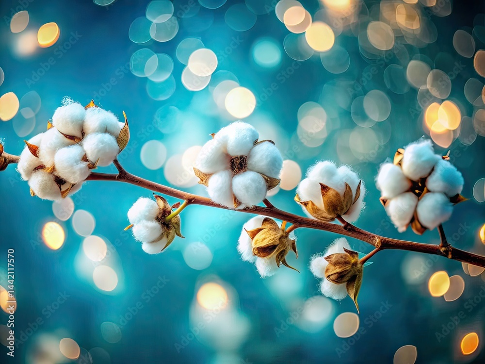 Cotton Flower Branch High Depth of Field Blue Background