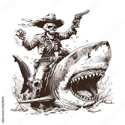Cowboy skeleton riding shark with gun, vintage sketch, black engraving style, tattoo art, hand drawn illustration, old woodcut, western horror, outlaw art, surreal dark fantasy, gothic retro