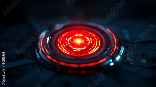 Futuristic radar with a dark blue and black background, soft red glow, and sleek glass effect. Perfect for tech, sci-fi, and cyberpunk themes. High-quality abstract design with smooth blur and luminou