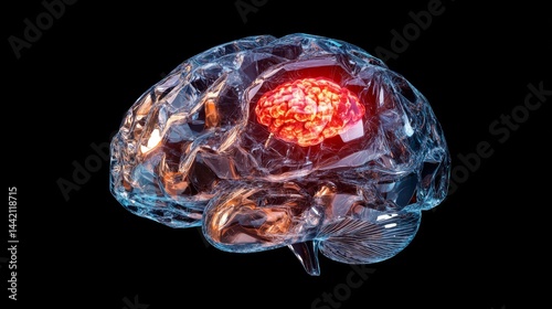 3D Render of Human Brain with Neural Connections and Glowing Sparks on Dark Background