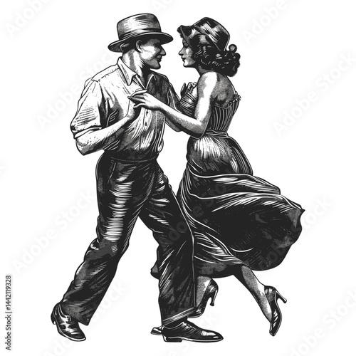 Retro black illustration, beautiful couple, 1920s cabaret dancers, man and woman in vintage style, isolated engraving look, classic old fashioned vector art, retro costume look