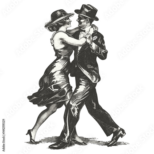 20s cabaret dancers, vintage couple, man and woman, black retro sketch, engraved vector, stylish twenties fashion, old school art, cut out object, elegant costume design