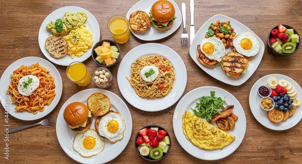 Overhead view of various breakfast dishes on a wooden table top Overhead view of various breakfast dishes on a wooden table top