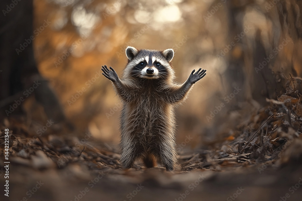 Whimsical Raccoon Welcome in Autumnal Woods with Upraised Paws Gesture