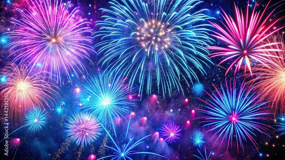 Drone Fireworks Pink Blue Festive Background Drone Fireworks Pink Blue Festive Background