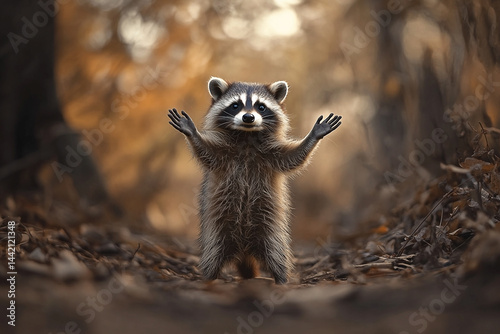 Whimsical Raccoon Welcome in Autumnal Woods with Upraised Paws Gesture