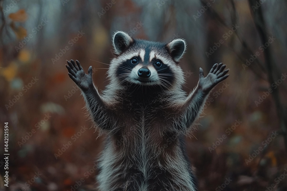 Enchanting raccoon raising its paws captured in the tranquil forest setting