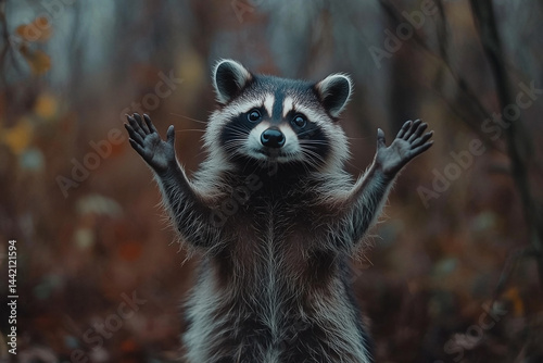 Obraz na płótnie Enchanting raccoon raising its paws captured in the tranquil forest setting w salonie
