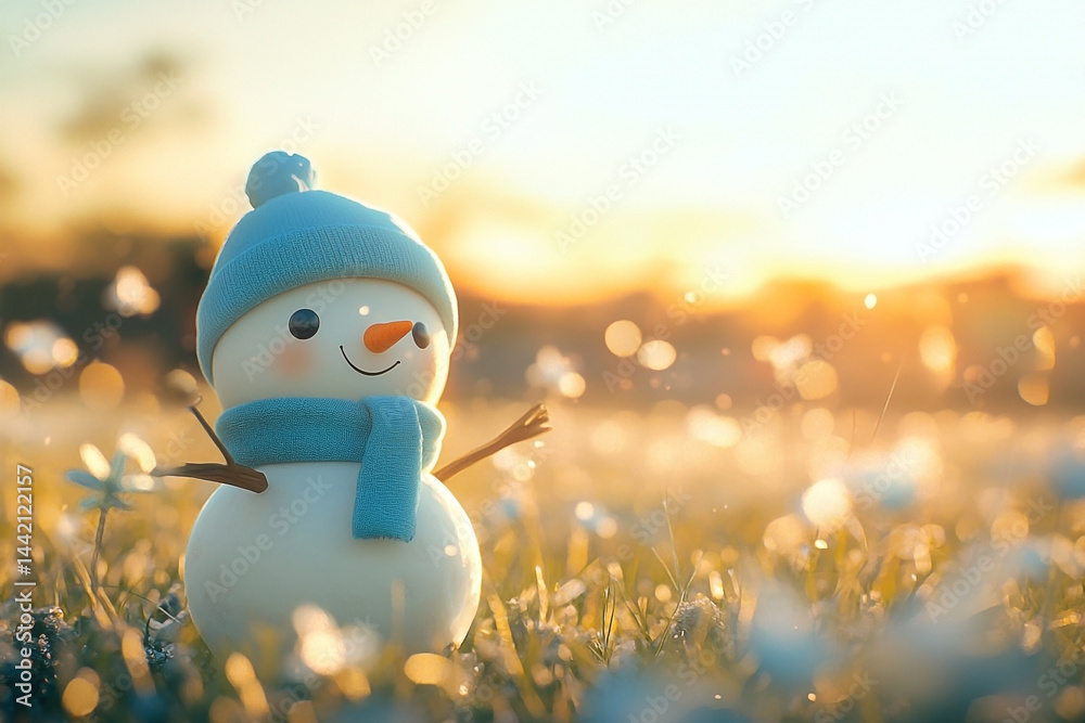 Enchanting winter scene of a joyful snowman amidst a blooming meadow at sunset