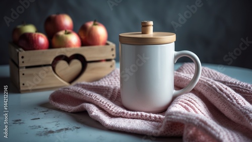 Cup on the tabletop. Apple box nearby