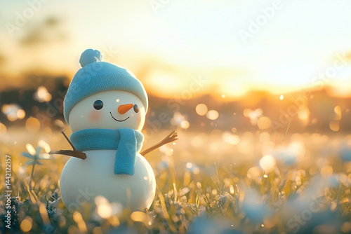 Obraz na płótnie Enchanting winter scene of a joyful snowman amidst a blooming meadow at sunset w salonie