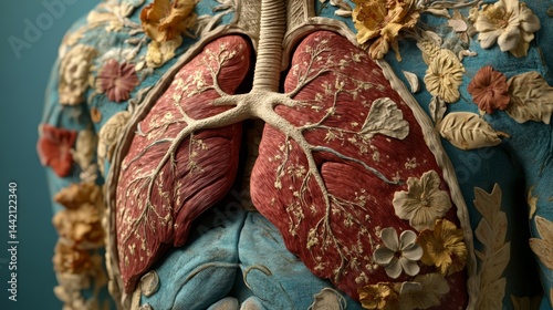 3D Human Chest with Lungs Medical Illustration on Blue Background