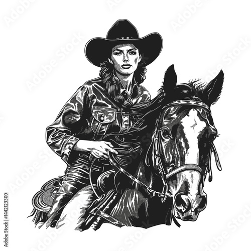 Beautiful young cowgirl woman riding horse, vintage engraving vector illustration, black sketch, old engraving style, western fashion, trendy, horseback riding, cowboy
