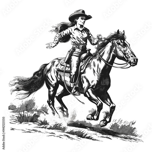 Young cowgirl riding horse, vintage engraving, old style illustration, black sketch, western trends, cowboy theme, rural beauty, horseback riding, western fashion, wild west art
