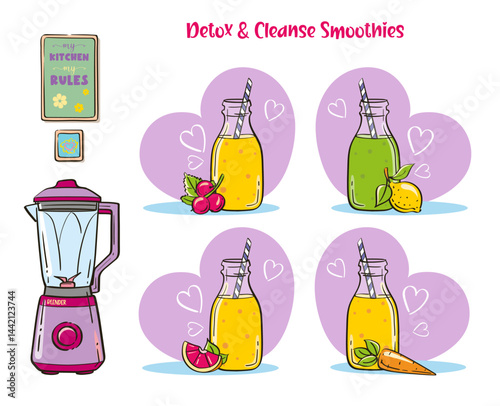 Colorful Detox and Cleanse Smoothies in Jars