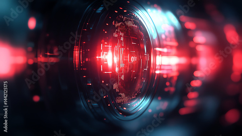 Futuristic radar with a dark blue and black background, soft red glow, and sleek glass effect. Perfect for tech, sci-fi, and cyberpunk themes. High-quality abstract design with smooth blur and luminou