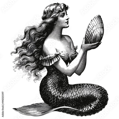 Vintage mermaid holding shell, retro engraving style, black icon, old illustration, trendy, black sketch, seashell, ocean art, mermaid drawing, vintage ocean decor