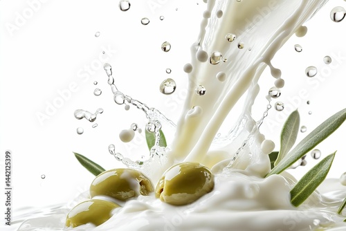 A splash of milk is poured over a bunch of olives