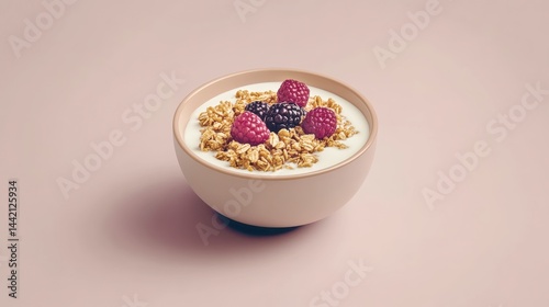Creamy Yogurt Parfait with Granola and Berries on Pale Pink Background