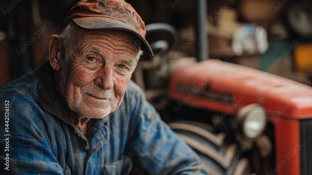 An elderly man works diligently on fixing a tractor, ensuring it operates smoothly and is ready for the agricultural season ahead. His workshop is filled with tools and farm life essentials An elderly man works diligently on fixing a tractor, ensuring it operates smoothly and is ready for the agricultural season ahead. His workshop is filled with tools and farm life essentials
