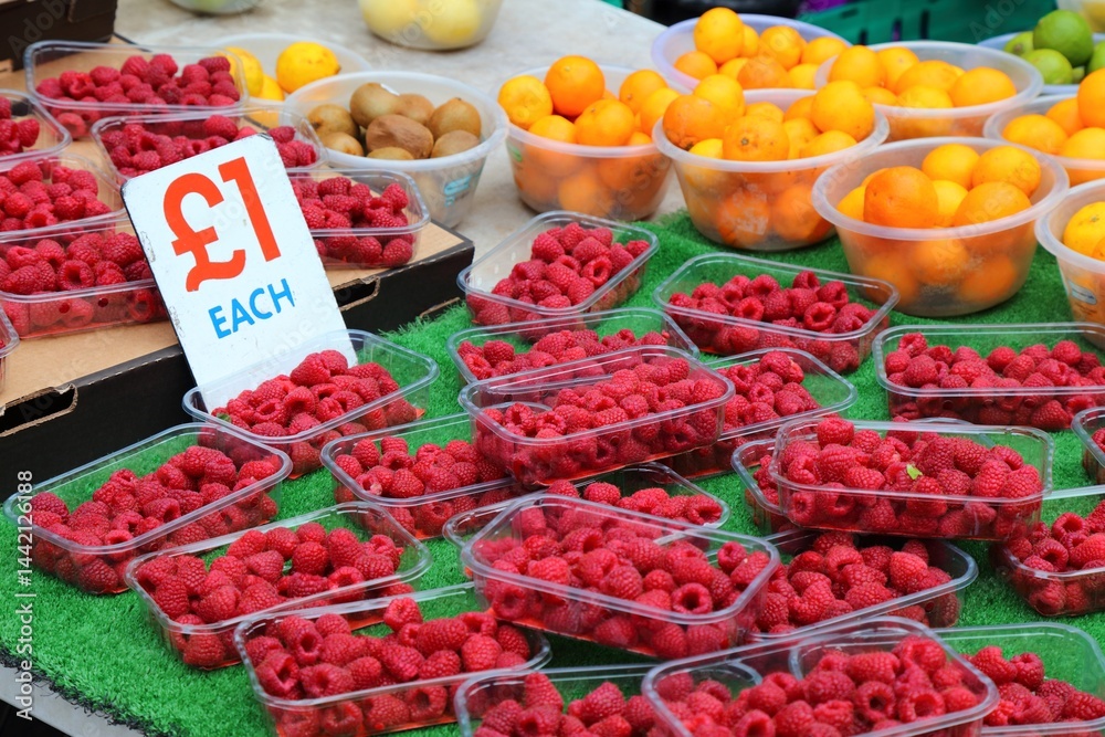 Boxed raspberries at a British market