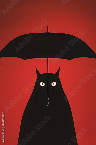 Mysterious black cat lurking under ominous umbrella