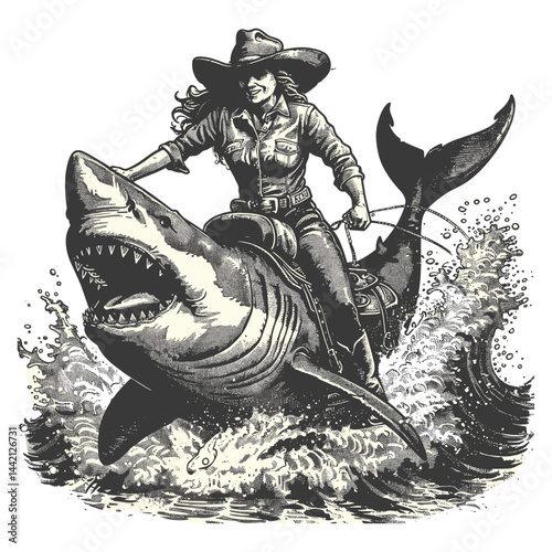 Cowgirl on shark, vintage woodcut engraving, black white sketch, wild west tattoo design, classic retro illustration style, western rider theme, antique drawing art