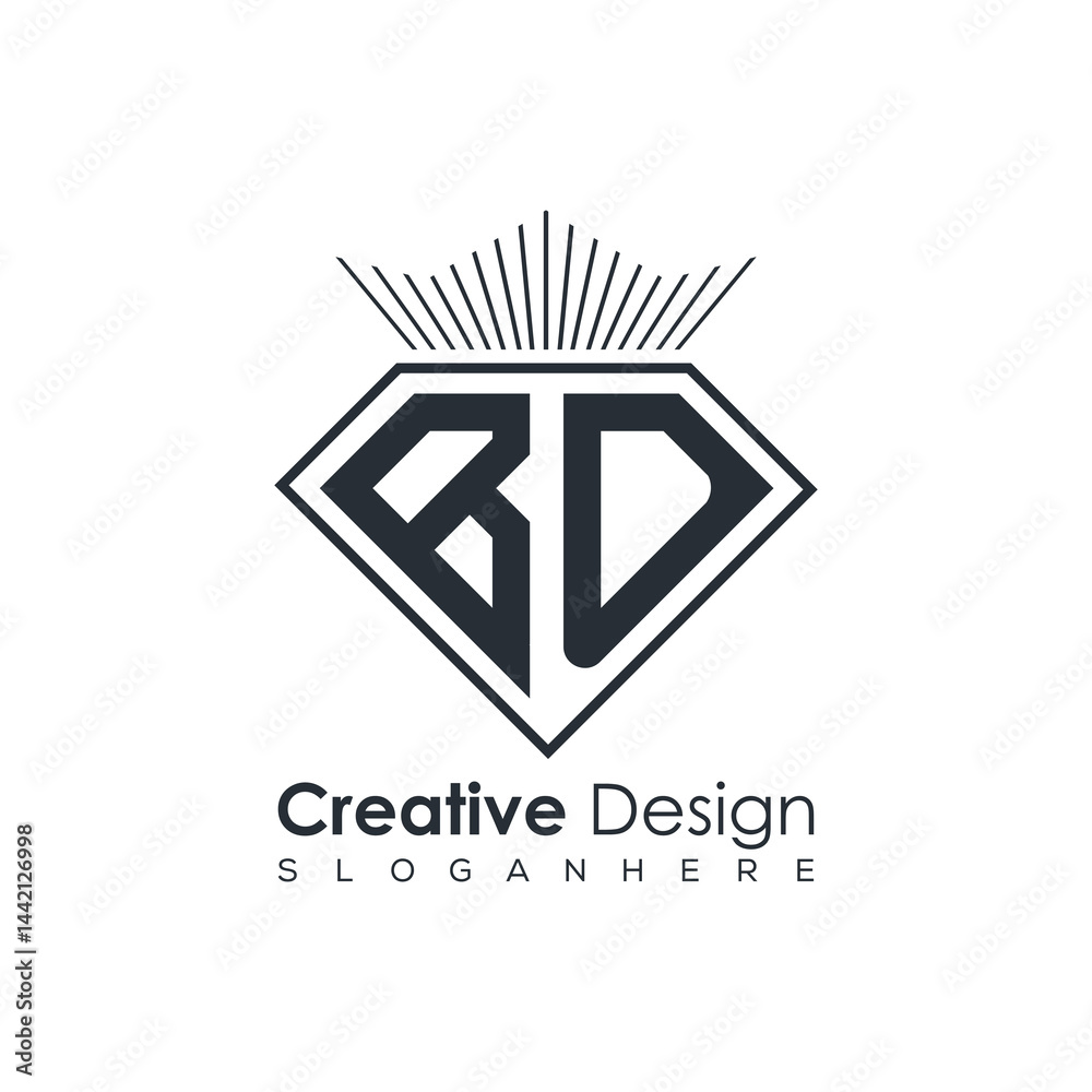 Fototapeta premium Luxury Initial Letter Monogram in Pentagon Diamond Shape with Royal Crown for Premium Branding & High-End Logo Design 