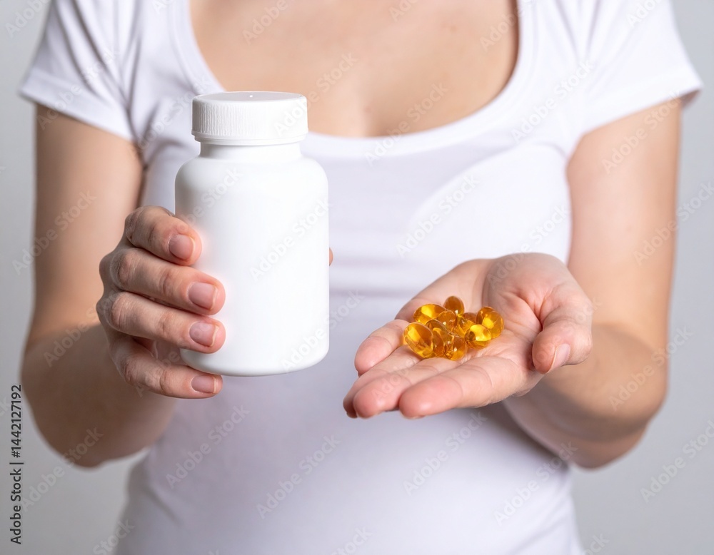 A close-up image of woman holding supplement pill alongside a white bottle. A close-up image of woman holding supplement pill alongside a white bottle.