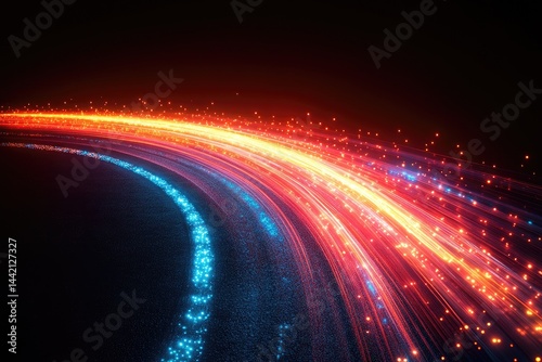 Dynamic, glowing, colorful energy trails in a curved path.
