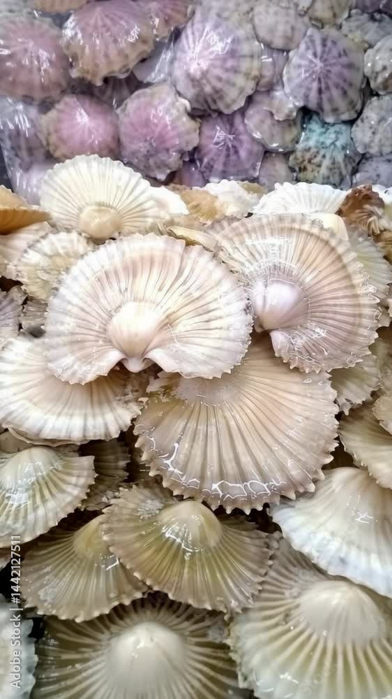 Freshly harvested scallops displayed in a seafood market in the morning light