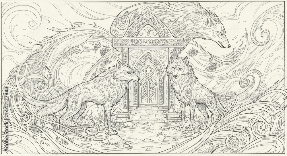 Fototapeta premium Runes and Wolves Shrine, Mythological Line Art