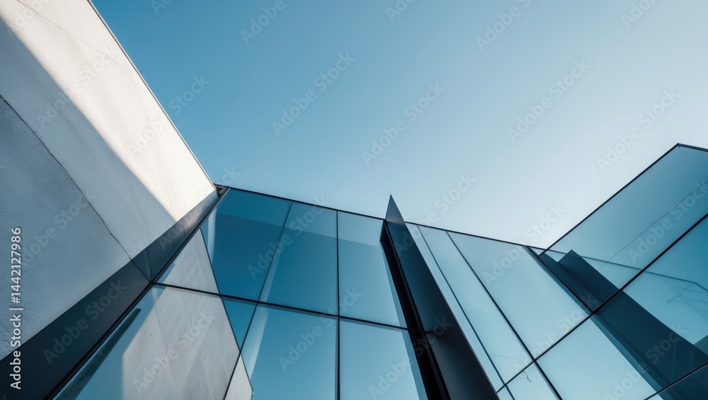Obraz premium Modern Minimalist Building Facade Showcasing Sleek Surfaces and Reflective Glass in Urban Settings