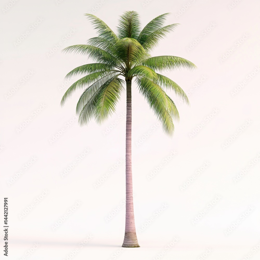 Fototapeta premium Tall green palm tree isolated on white background showcasing vibrant foliage and slender trunk ideal for tropical themes and nature concepts