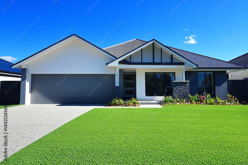 Contemporary suburban residence with manicured lawn and clear blue skies