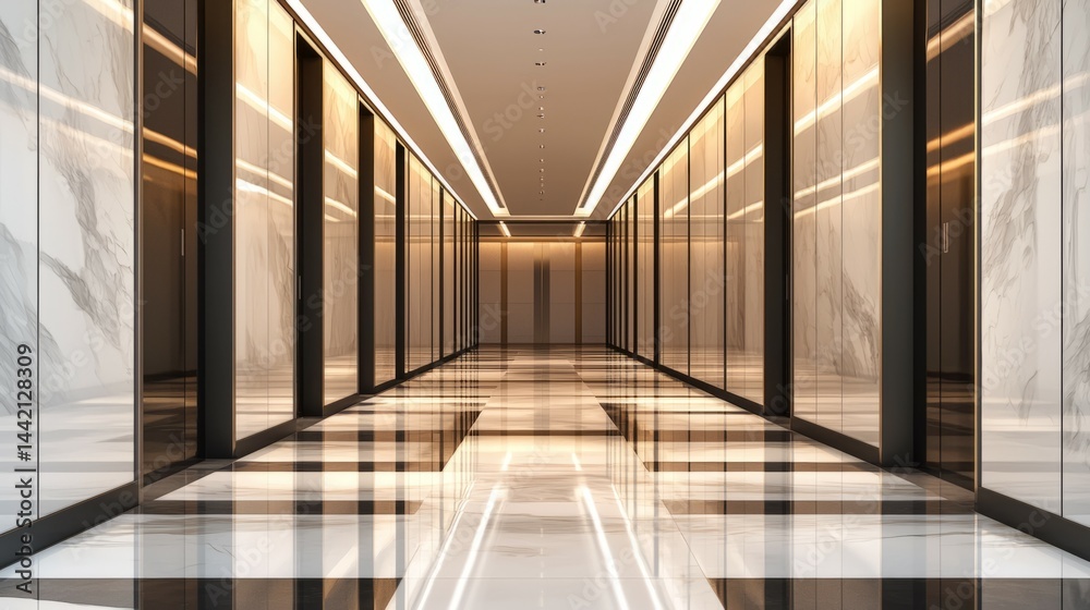 Obraz premium Modern Corridor with Elegant Lighting and Glossy Flooring Design
