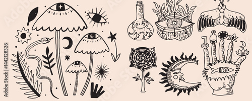 Hand-drawn vintage mystical and magic symbols illustration