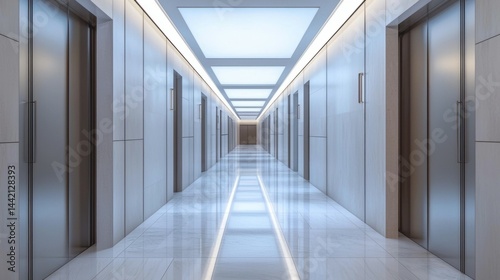 Modern Hotel Corridor with Elevator Doors and Sleek Lighting Design