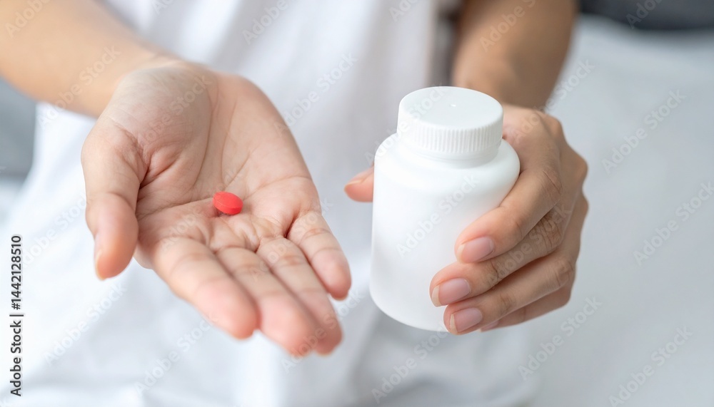 A close-up image of woman holding supplement pill alongside a white bottle. A close-up image of woman holding supplement pill alongside a white bottle.