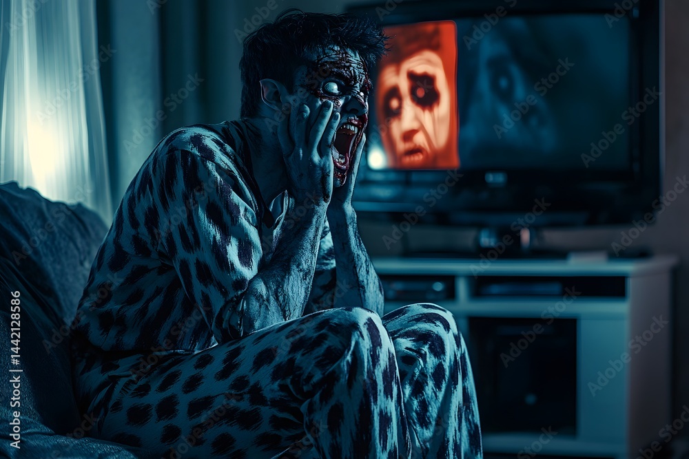 Fototapeta premium Vampire in pajamas watching a horror movie, scared expression