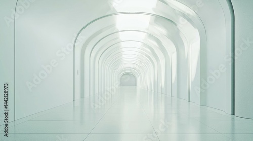 Minimalist Architecture with White Arched Hallway and Light Reflections