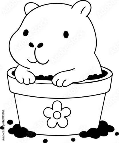 Cute capybara in flower pot, surrounded by soil, radiating joy and playfulness