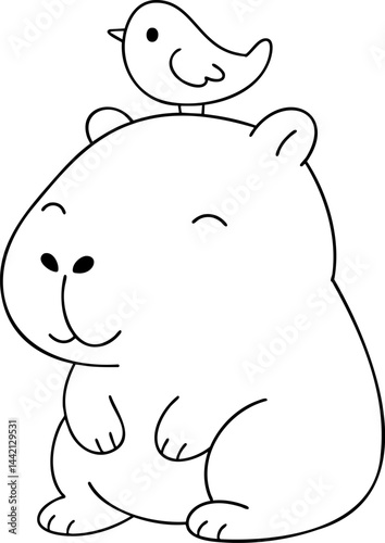 Cute capybara with small bird on its head, radiating joy and playfulness