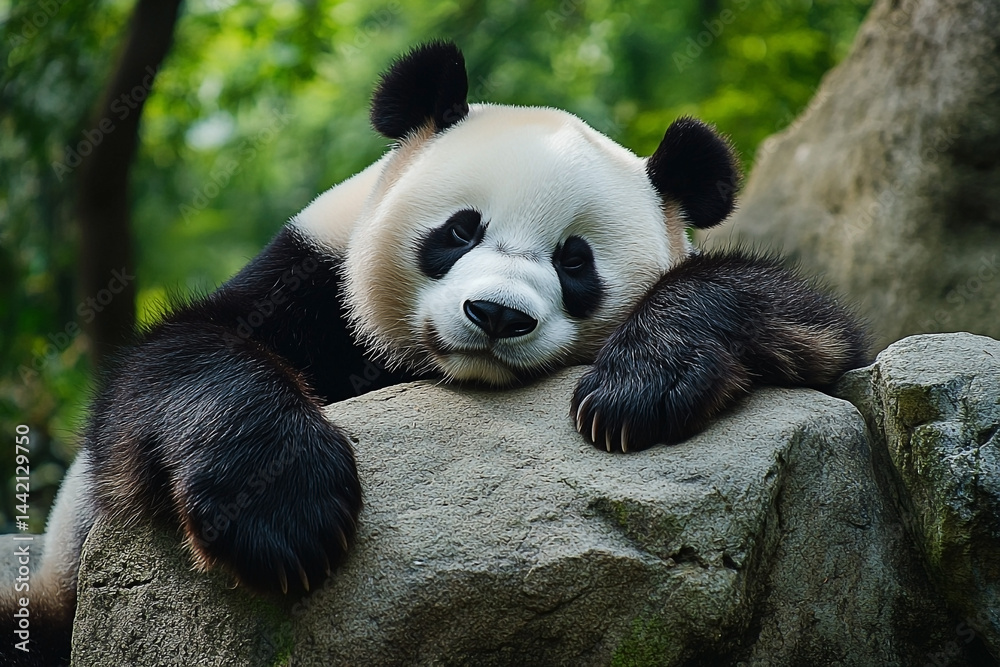 Giant panda resting head on rock, exhibiting fluffy fur and calm demeanor