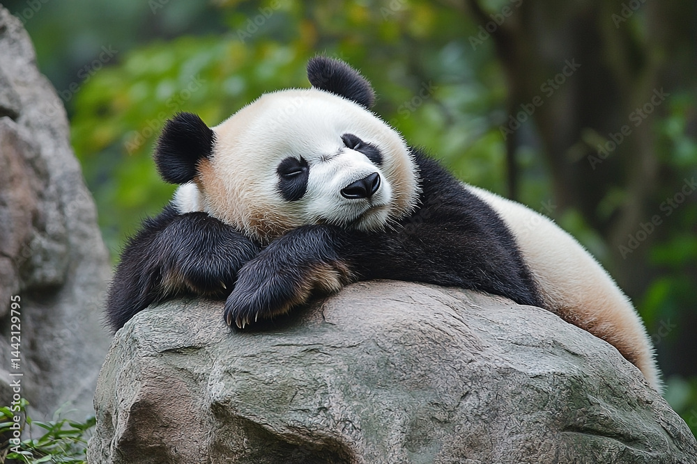 Serene Giant Panda Resting on a Rocky Outcrop amidst Lush Greenery