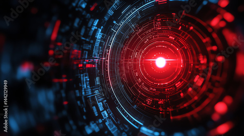 Futuristic radar with a dark blue and black background, soft red glow, and sleek glass effect. Perfect for tech, sci-fi, and cyberpunk themes. High-quality abstract design with smooth blur and luminou