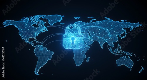Securing Global Connections Padlock Over World Map