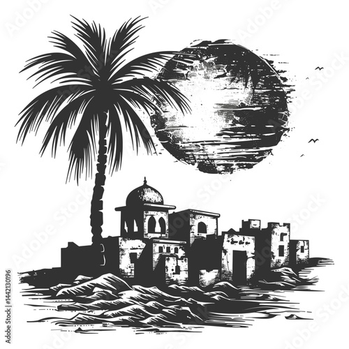 Vintage Arabian emblem, desert logo, old engraving style, black sketch, sun and palm tree, traditional houses, vector illustration, Arabic landscape art, ancient desert town, sand dunes