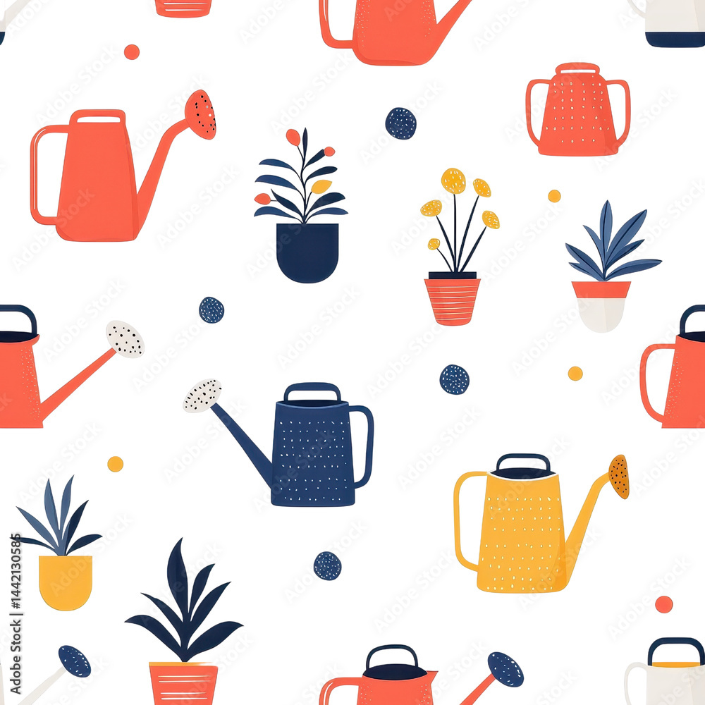 Flat style, seamless pattern of garden watering cans, minimalist design, isolated on white background. cutout png